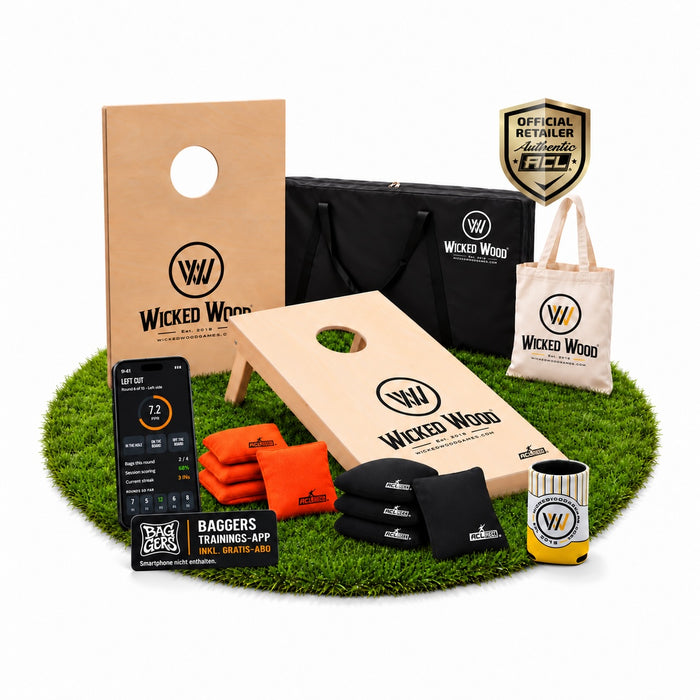 Cornhole Starter Bundle 90x60 – Plader, bæretaske, mulepose & koozie – Wicked Wood Games