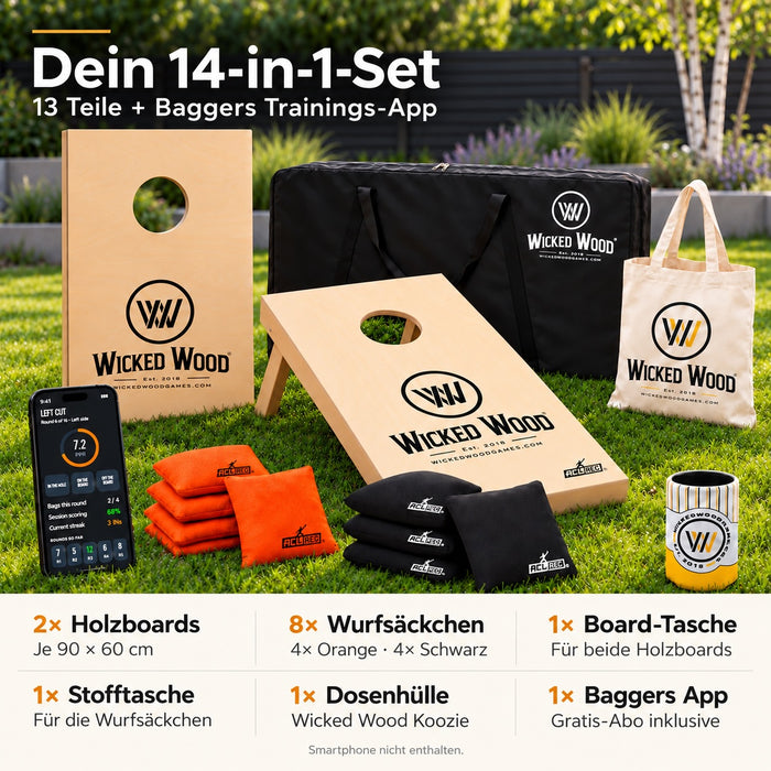 Cornhole Starter Bundle 90x60 – Plader, bæretaske, mulepose & koozie – Wicked Wood Games